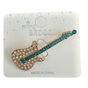 Mint Guitar Brooch with Teal and Clear Stones